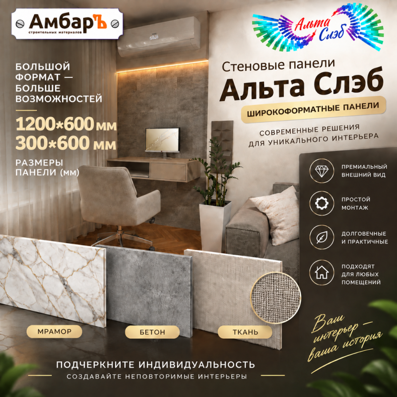 Широкоформатные стеновые панели Альта Слэб / 1200х600 / 300х600/ Мрамор, Бетон, Ткань! 